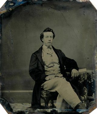 1860 - 1869 Tintype Seated Young Man,  Watch Chain,  Jacket Photograph