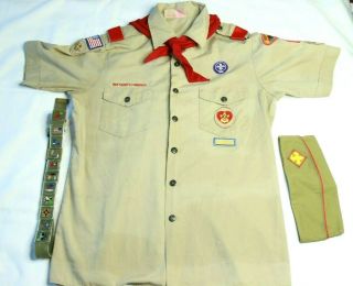 Official Boy Scouts Of America Bsa Tan Shirt Size Youth Xl With Belt And Hat