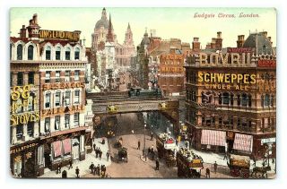 Vintage Postcard Ludgate Circus Bass Ale Schweppes London England Uk H13