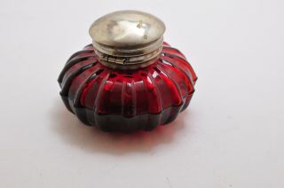 Antique Silver Ruby Red Glass Inkwell Desk Ink Pen Well