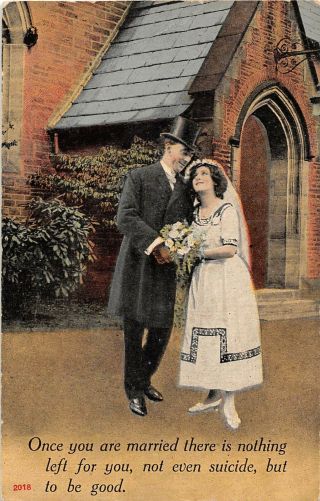1914 Comic Bamforth Postcard Of Bride & Groom In Front Of Church