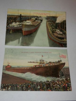 Superior Wi - 2 Rare Old Postcards - Loading At Ore Docks - Launching Steamer