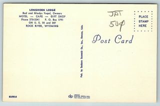 Postcard WY Rockriver Longhorn Lodge Motel Cafe Rt 30 Lincoln Highway 1950s C23 2