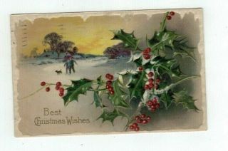 Antique 1909 Embossed Christmas Post Card Father Son Dog Walk At Sunset Holly