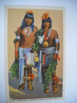Vint.  Linen Color Postcard Of Mexico - Indian Men In Ceremonial Dance Costume