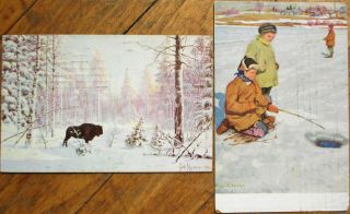 Riga,  Latvia Postmark Pair 1927 Artist - Signed Russia/russian Postcards,  Winter