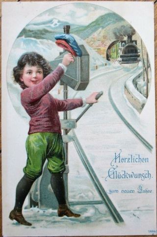 Railroad/train 1905 Embossed,  Color Litho Postcard - Boy Operating Switch
