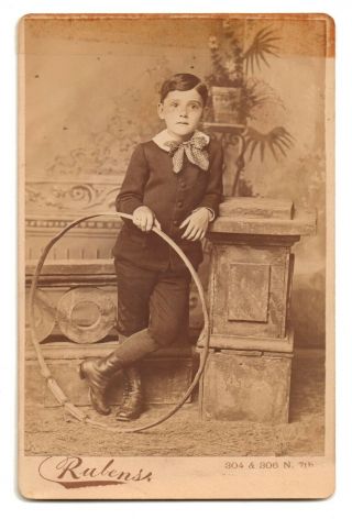 1887 Cabinet Card Sepiatone Photo Of Boy W/ Hoop Rolling Toy