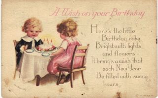 Clapsaddle Birthday Cute Blond Boy & Girl Having Tea 1922