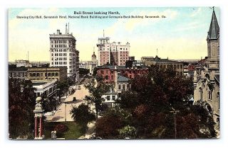 Vintage Postcard Bull Street Looking North Banks Hotels Savannah Georgia C12
