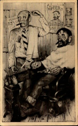 Vintage Lithograph Postcard 1946 Barber Shop Ghost Town Knott 