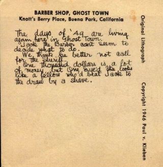 Vintage Lithograph Postcard 1946 Barber Shop Ghost Town Knott ' s Berry Farm CA 4