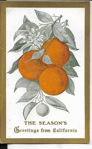 The Seasons Greeting From California Xmas Card Dated 1915,  With Orange Graphics