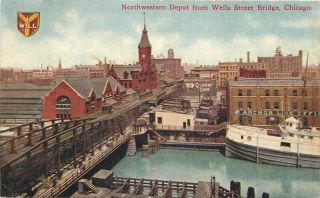C - 1910 Northwestern Depot Wells Street Bridge Chicago Illinois Postcard 11126