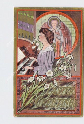 Ppc Postcard Easter Greeting Girl Playing Organ In Church Stained Glass Window P
