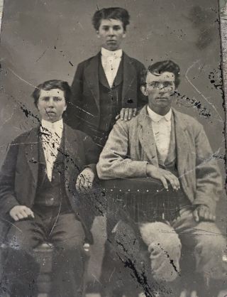 Antique American Three Young Men Brothers School Boys Tintype Photo