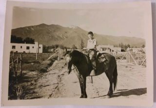 Vintage Old 1942 Photo Of Boy Clark Fink Riding Horse In Taos Mexico Desert