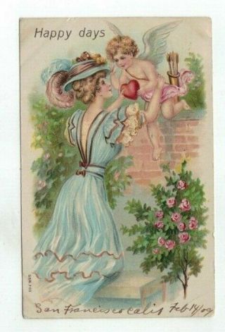 Antique 1909 Embossed Post Card Fancy Lady Lifts Winged Cupid With Arrows