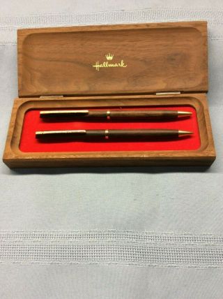 Vintage Hallmark Wood Mechanical Pencil & Ballpoint Pen Set W/ Wood Case