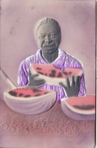 Black Americana.  Women Eats Watermelon.  Old Postcard.  Embossed.