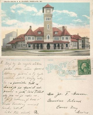 Portland Me Grand Trunk Railway Station Antique Postcard Railroad Depot