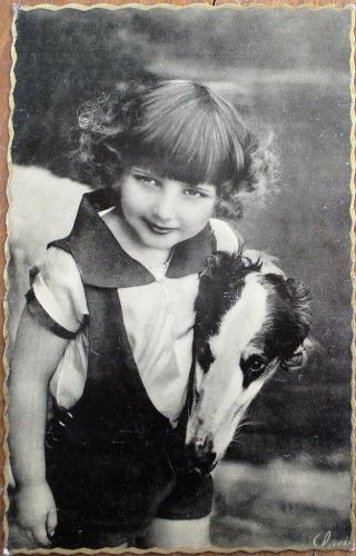 Borzoi Dog & Little Girl 1930 Art Deco Postcard - Russian Wolfhound