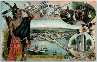 1907 Jamestown Exposition Virginia Expo Postcard Poster Art Indian / Multi - View