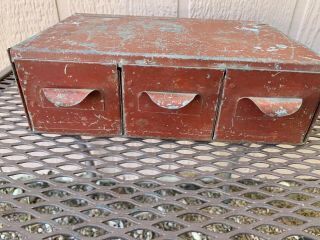 Vintage 3 Drawer Metal Box (9.  5” Long X 6 1/4”across X 3” Tall