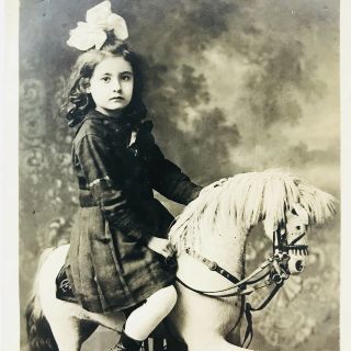 Real Photo Postcard Rppc Girl On Victorian Toy Horse Azo Post Card