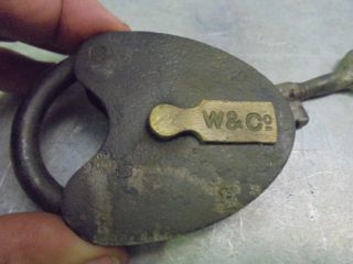 Vintage W & Co.  Padlock with large barrel key 3
