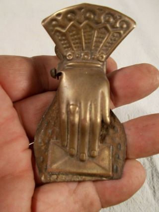Vtg Victorian Style Brass & Tin Hand W Envelope Clip Wall Hanging Paper Holder
