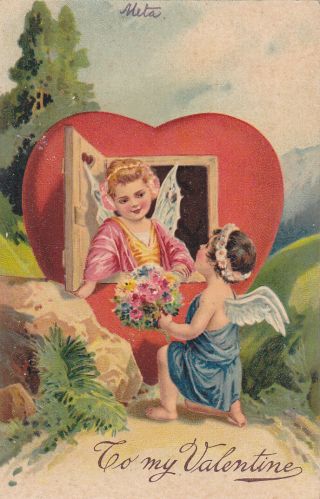 To My Valentine,  1910; Cupid Kneels With Bouquet Of Flowers For Maiden At Window