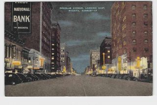 Vintage Postcard Kansas Wichita Douglas Avenue Looking East Illuminated Night Vi