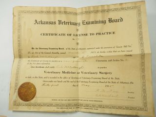 Arkansas Veterinary Examination Board Licence To Practice Certificate 1915