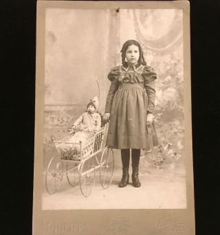 Antique/vintage Photograph/postcard Little Girl W/ Baby Doll In Carriage Roberts