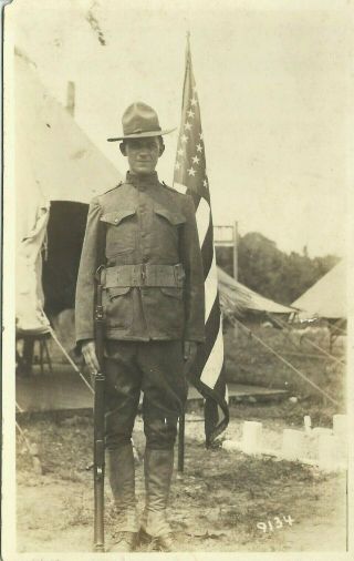 Ww1 American Doughboy Soldier In Uniform W Rifle Flag Real Photo Postcard