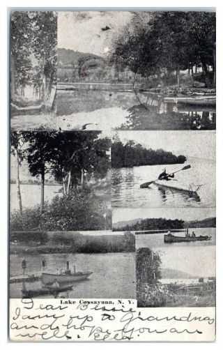 1903 Lake Cossayuna,  Ny Early Motor Boat,  Kayaker Multiview Postcard