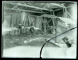 A Rare Early 20th Century Glass Negative Of A H.  Farman Plane In Hanger