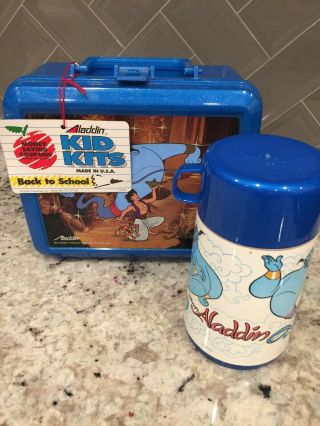 Vintage Disney’s Aladdin Genie & Abu Lunchbox W/ Thermos By Aladdin Blue