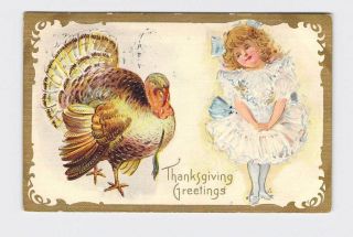 Antique Postcard Thanksgiving Little Girl White Dress Embossed Greetings 2