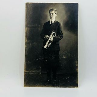 Postcard Vintage Young Man With A Trumpet Portrait Photo Black & White Rppc A - 19