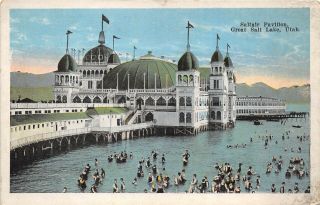 Great Salt Lake Utah 1920s Postcard Saltair Pavilion Bathers Swimmers