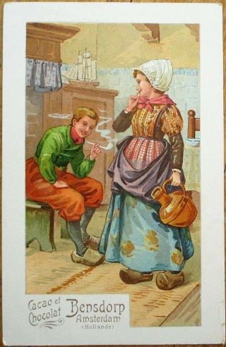 Cacao Bensdorp 1910 Color Litho Advertising Postcard: Woman,  Man Smoking Pipe