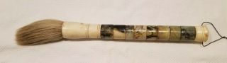 16.  5 " Vintage Chinese Calligraphy Brush With Green Stone,  Bone & Horsehair