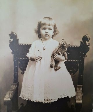 Antique Girl Child With Teddy Bear On Chair Cabinet Photo Manchester Nh Vintage