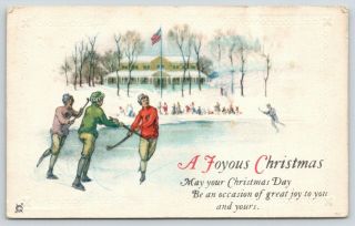 Christmas Boys Play Hockey Ice Skating Pond Below School 1923 Jp Ny Postcard