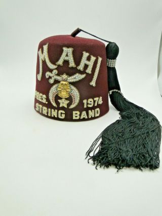 Mahi Shriner Fez Hat Pres.  1974 String Band Size 7 1/2 W Rhinestones & Tassels