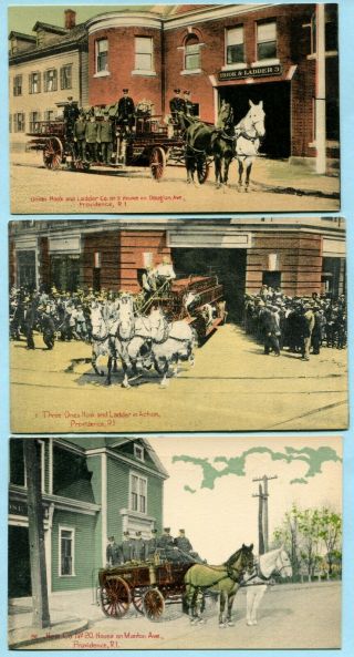 3 1910 Providence Ri Horse Drawn Fire Engines Hook & Ladder Hose Wagon