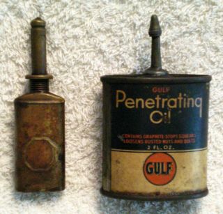 Vintage Gulf Penetrating Oil Can,  2 Oz.  Size; And Other 3 ½” Tall Brass Oil Can