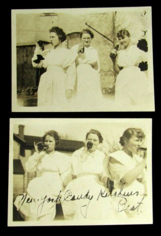 2 Wwi Era Real Photos - 3 Girls Drinking Unknown Soda Pop - 1 With Message